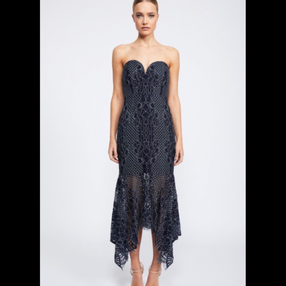 Shona Joy Strapless Lace Handkerchief Dress